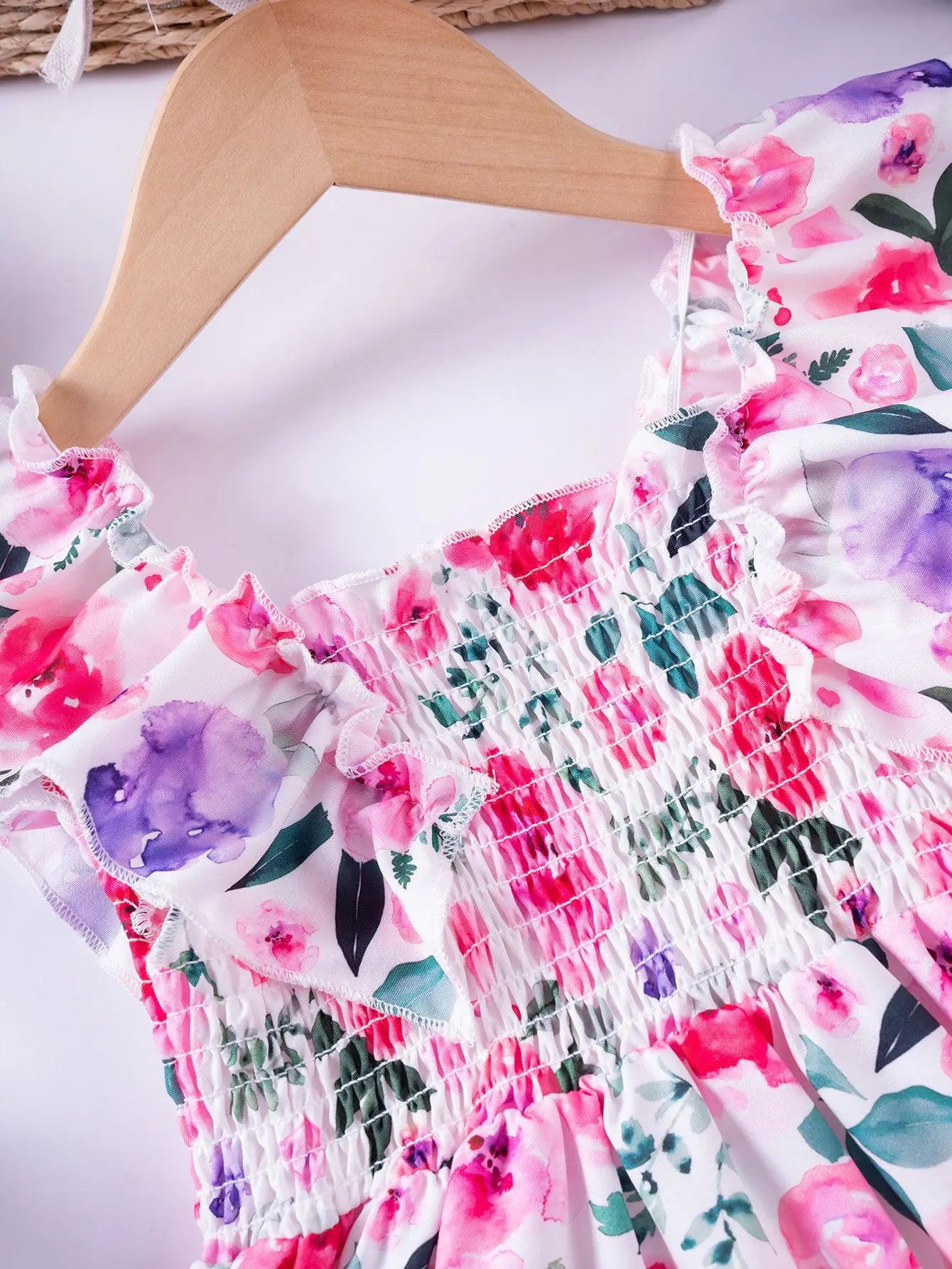 Girls Floral Summer Dress with Ruffled Sleeves & Smocked Waist (2T-6T)