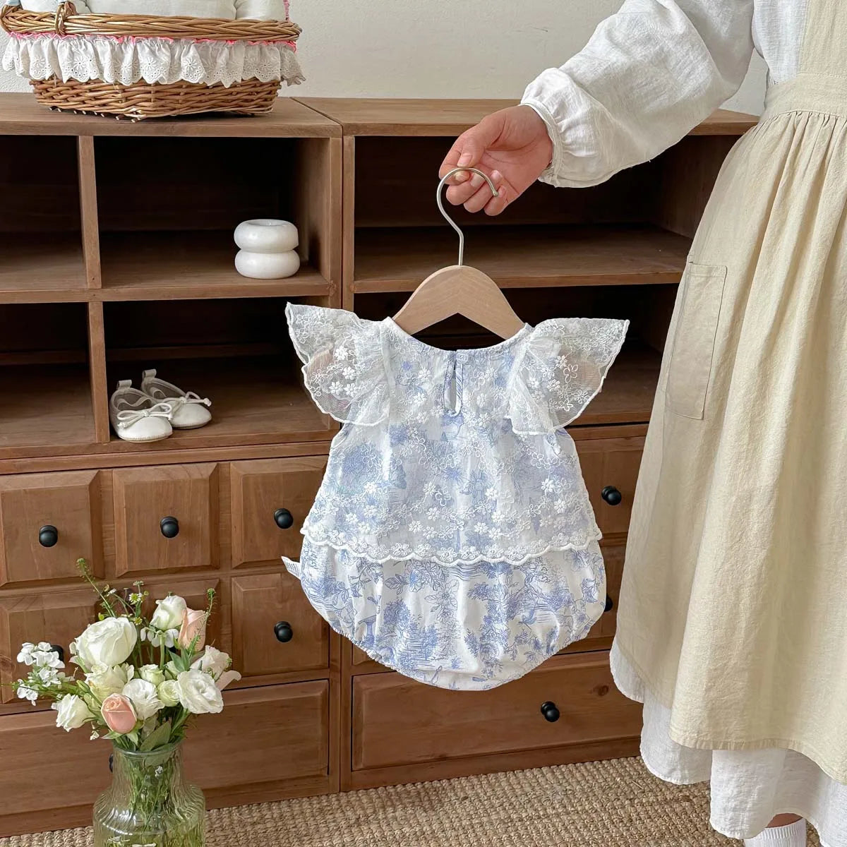 Baby Girl Floral Mesh Romper - Blue Toile Flying Sleeve Summer Jumpsuit (3-18M)