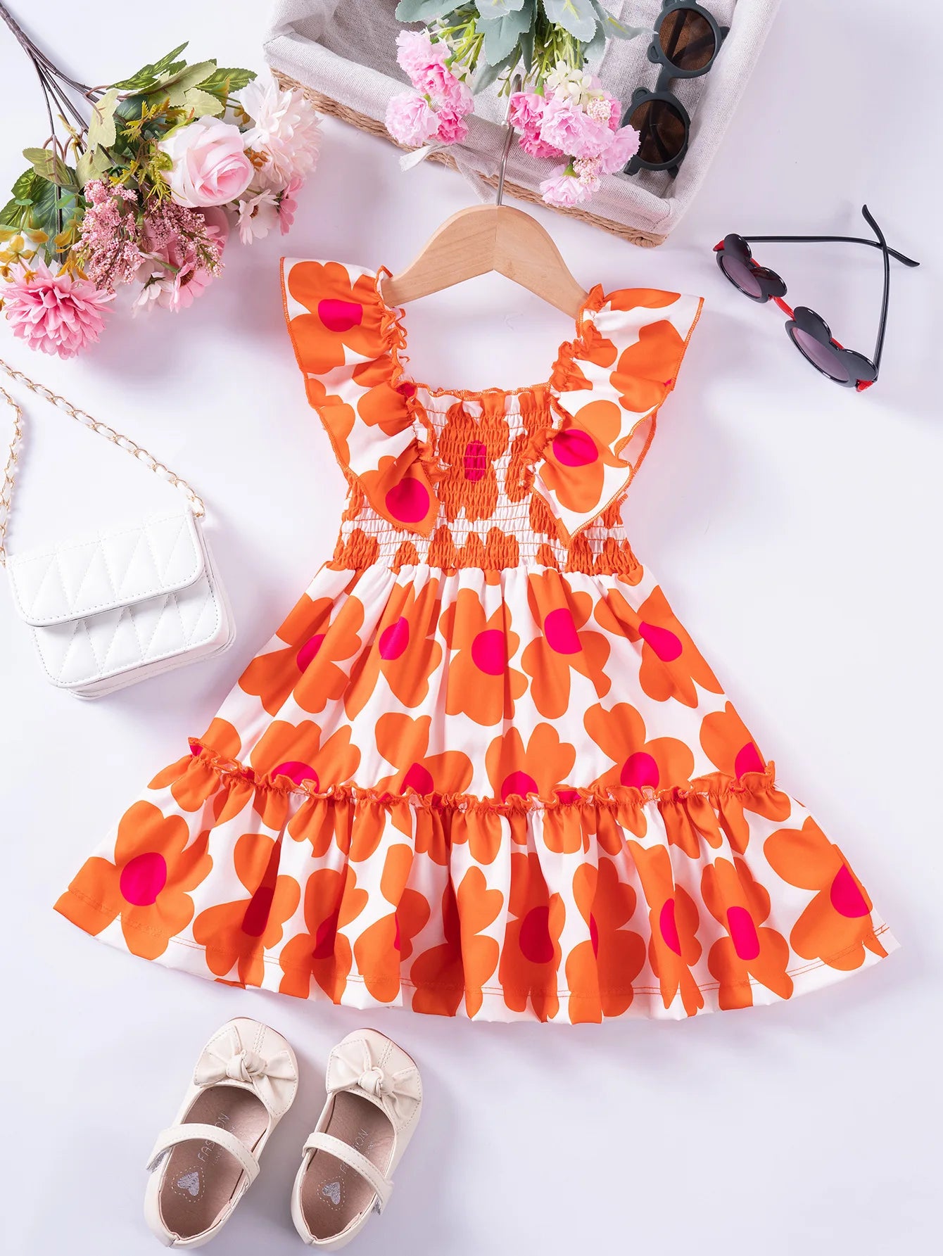 Girls Floral Summer Dress with Ruffled Sleeves & Smocked Waist (2T-6T)