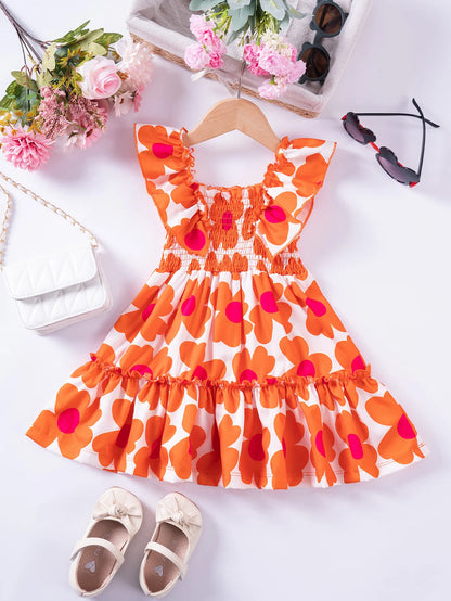 Girls Floral Summer Dress with Ruffled Sleeves & Smocked Waist (2T-6T)