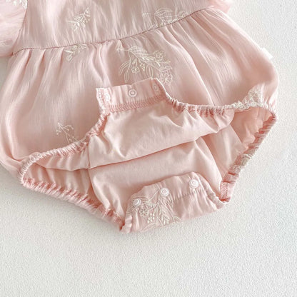 Baby Girl Embroidered Floral Cotton Romper - Pink Bubble Sleeve Summer Jumpsuit (3-24M)