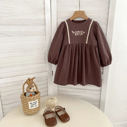 Toddler & Girls Brown Floral Embroidered Cotton Long Sleeve Dress (2T-6T)
