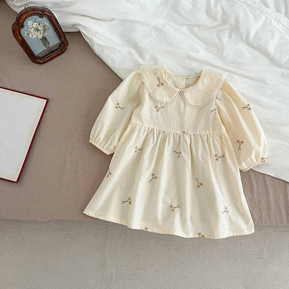 Baby Girl Cream Floral Cotton Dress - Long Sleeve Spring Princess Party Dress (2T-6T)