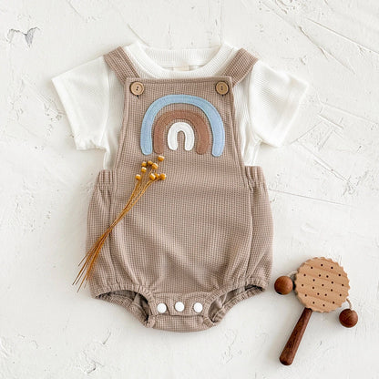 Infant Rainbow Appliqué Waffle Romper Set with Criss-Cross Back & Snap Bottoms (1-18M)