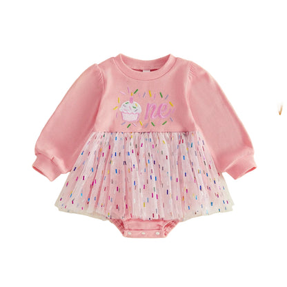 Baby Girl 1st Birthday Cupcake Embroidered Tutu Romper Dress - Long Sleeve Confetti Tulle Bodysuit (6-18M)