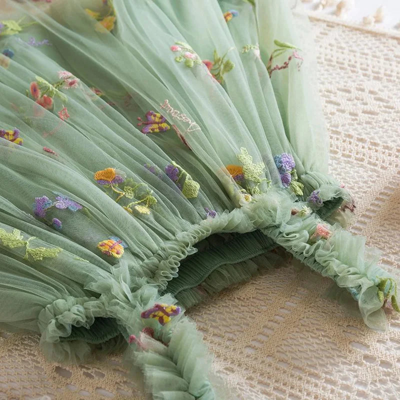 NEW 2026 Baby & Toddler Girls Fairy Floral Embroidered Mesh Tutu Dress - Sage Green Princess Sling Dress (9M-5T)