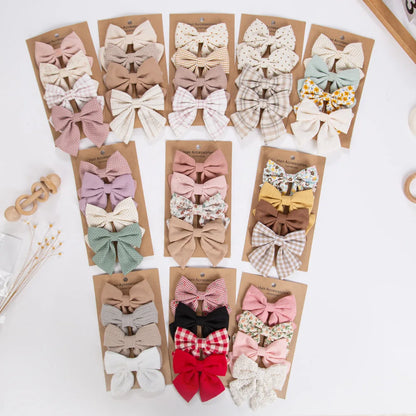 4pc Large Linen Baby Hair Bows - 3.5" Oversized Boutique Fabric Clips