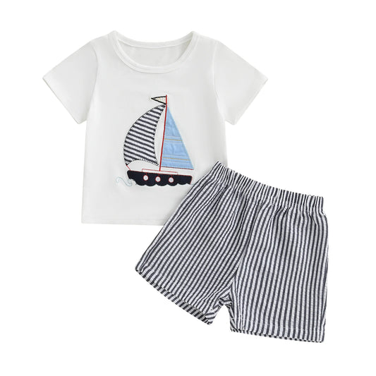 Toddler Baby Boy 2-Piece Summer Shorts Set - Sailboat Embroidered T-Shirt & Striped Nautical Shorts (6M-4T)