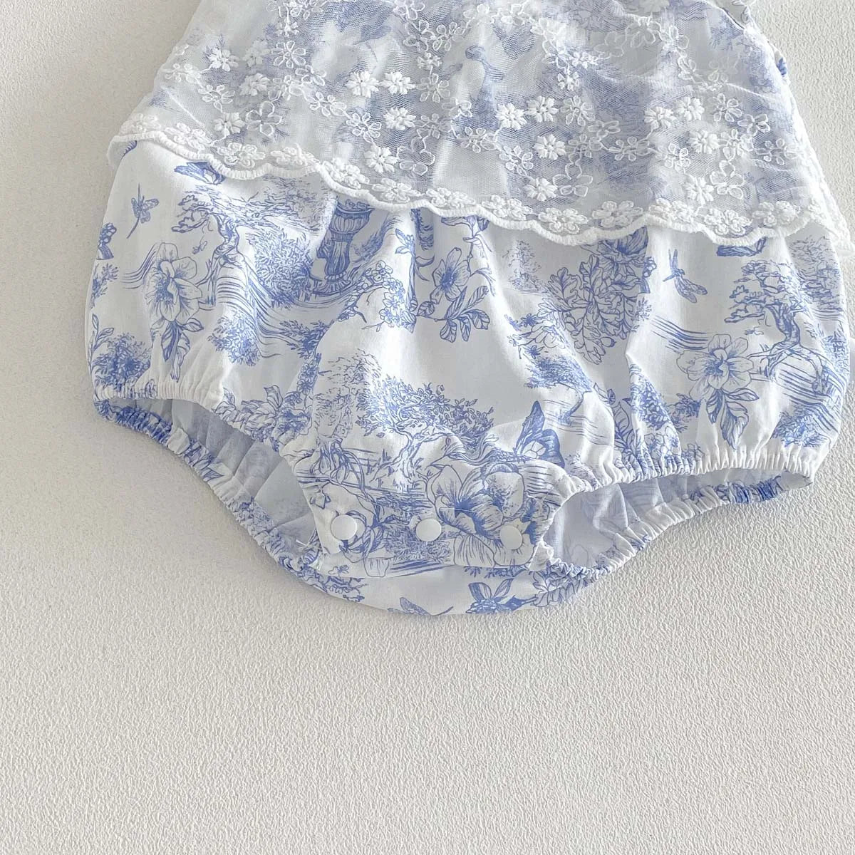 Baby Girl Floral Mesh Romper - Blue Toile Flying Sleeve Summer Jumpsuit (3-18M)