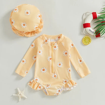 Baby Girl Daisy Floral Long Sleeve Rash Guard Swimsuit with Sun Hat – Toddler One-Piece Bathing Suit (6M-3T)