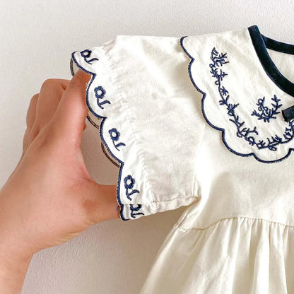 Baby Girl Embroidered Cotton Vintage-Style Summer Bubble Romper (3-24 Months)