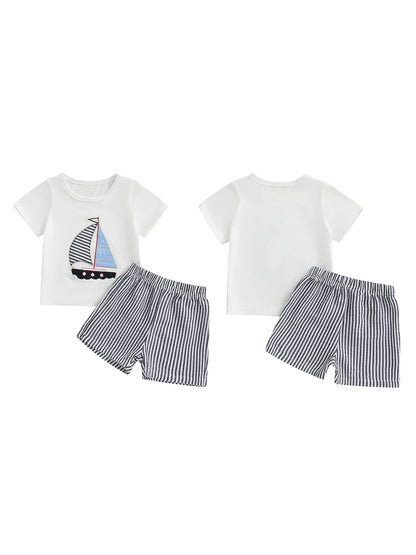 Toddler Baby Boy 2-Piece Summer Shorts Set - Sailboat Embroidered T-Shirt & Striped Nautical Shorts (6M-4T)