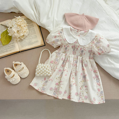 Pink Floral Smocked Sister Matching Outfits - Puff Sleeve Cotton Romper & Princess Dress (3M-6T)