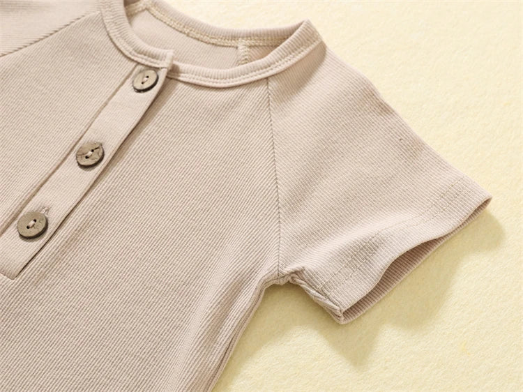 Baby Boy Boutique Ribbed Henley Romper - Knit Cotton Jumpsuit with Natural Wood Buttons (3-24M)