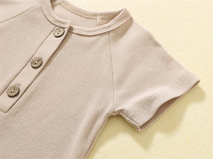 Baby Boy Boutique Ribbed Henley Romper - Knit Cotton Jumpsuit with Natural Wood Buttons (3-24M)