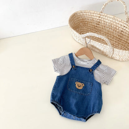 Unisex Baby Striped T-Shirt and Denim Bear Romper Set - 2pc Summer Toddler Outfit (3M-3T)