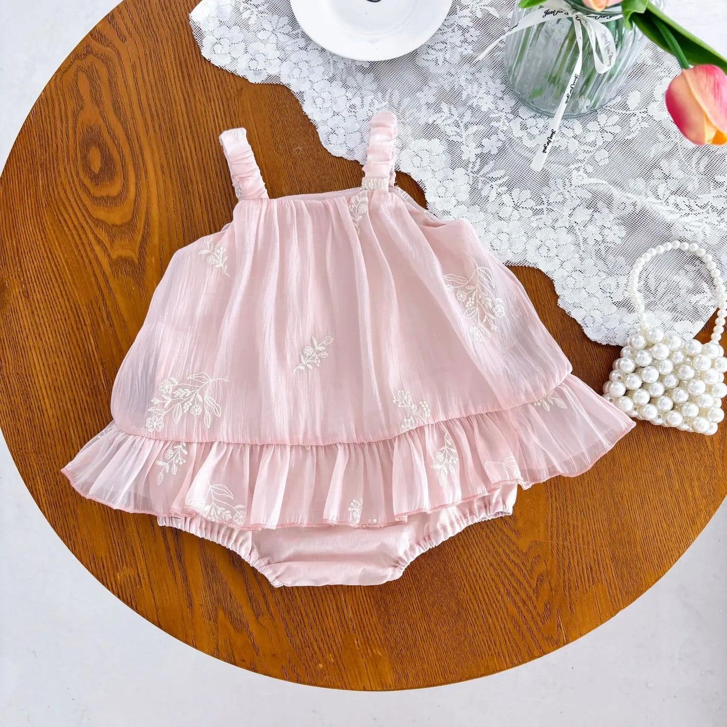 Baby Girl Floral Embroidered Romper Dress - Soft Cotton Princess Summer Bodysuit (0-2T)
