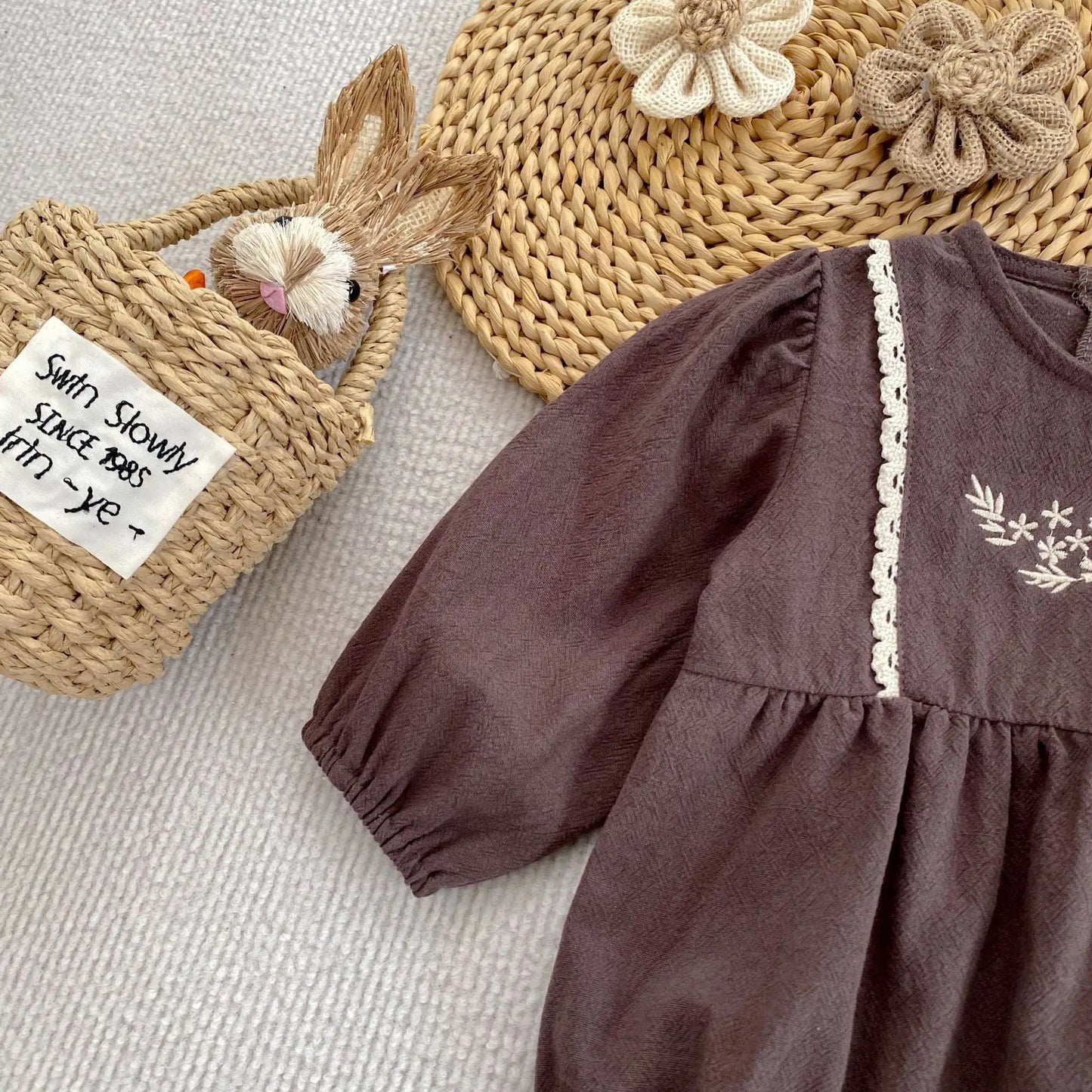 Toddler & Girls Brown Floral Embroidered Cotton Long Sleeve Dress (2T-6T)