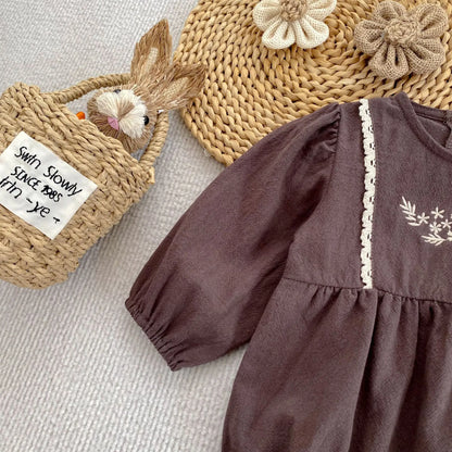 Toddler & Girls Brown Floral Embroidered Cotton Long Sleeve Dress (2T-6T)