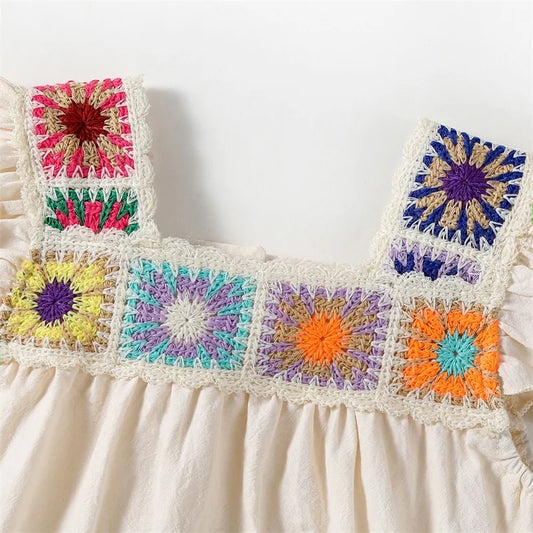 Boho Baby Girl Crochet Flower Romper – Cotton Fly Sleeve Bodysuit (3-18M)