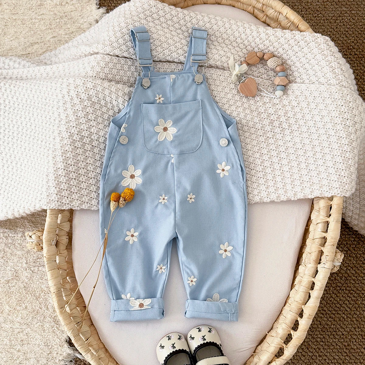 Toddler Blue Daisy Overalls - Floral Embroidered Baby Jumpsuit with Pockets (6M-3T)