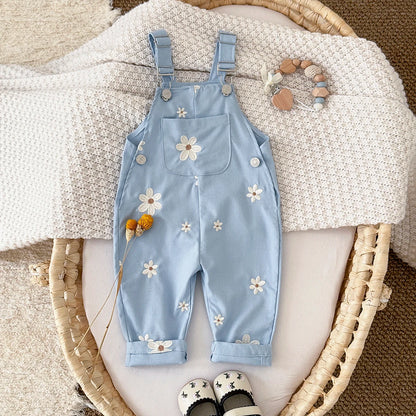 Toddler Blue Daisy Overalls - Floral Embroidered Baby Jumpsuit with Pockets (6M-3T)