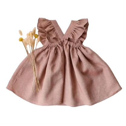Toddler Girl Linen Cotton Ruffle Apron Dress - Boho Summer Cross-Back Sun Dress (6M-5T)