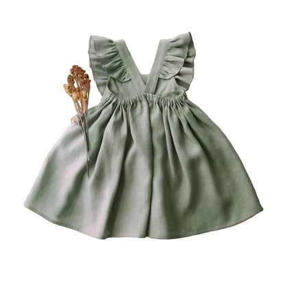 Toddler Girl Linen Cotton Ruffle Apron Dress - Boho Summer Cross-Back Sun Dress (6M-5T)