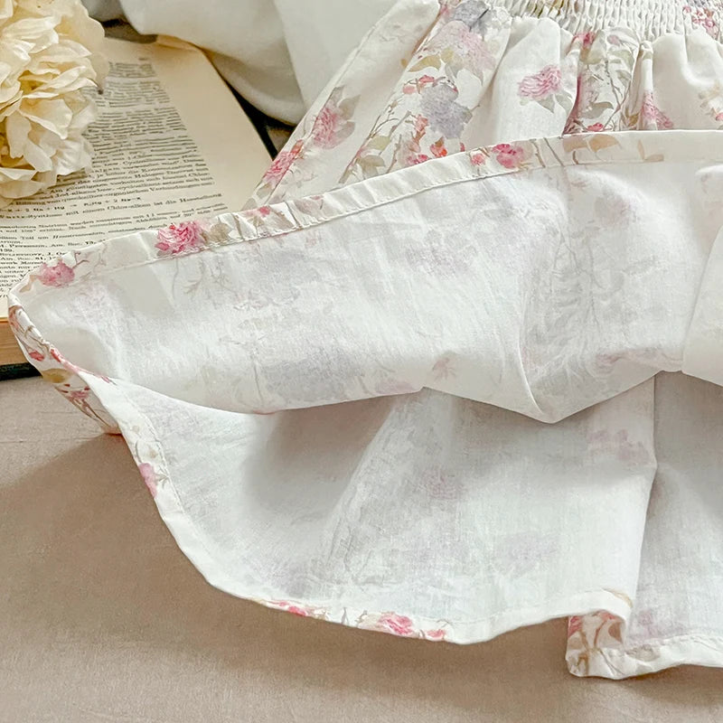 Pink Floral Smocked Sister Matching Outfits - Puff Sleeve Cotton Romper & Princess Dress (3M-6T)