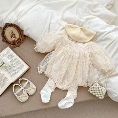 Baby Girl Long Sleeve Lace Romper - Ivory Cotton (3-24M)