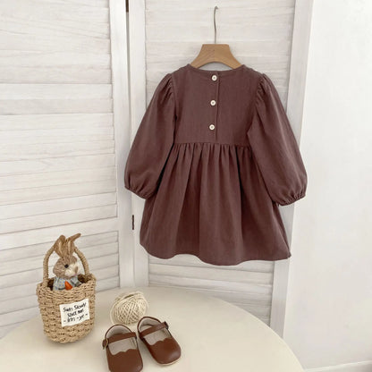 Toddler & Girls Brown Floral Embroidered Cotton Long Sleeve Dress (2T-6T)