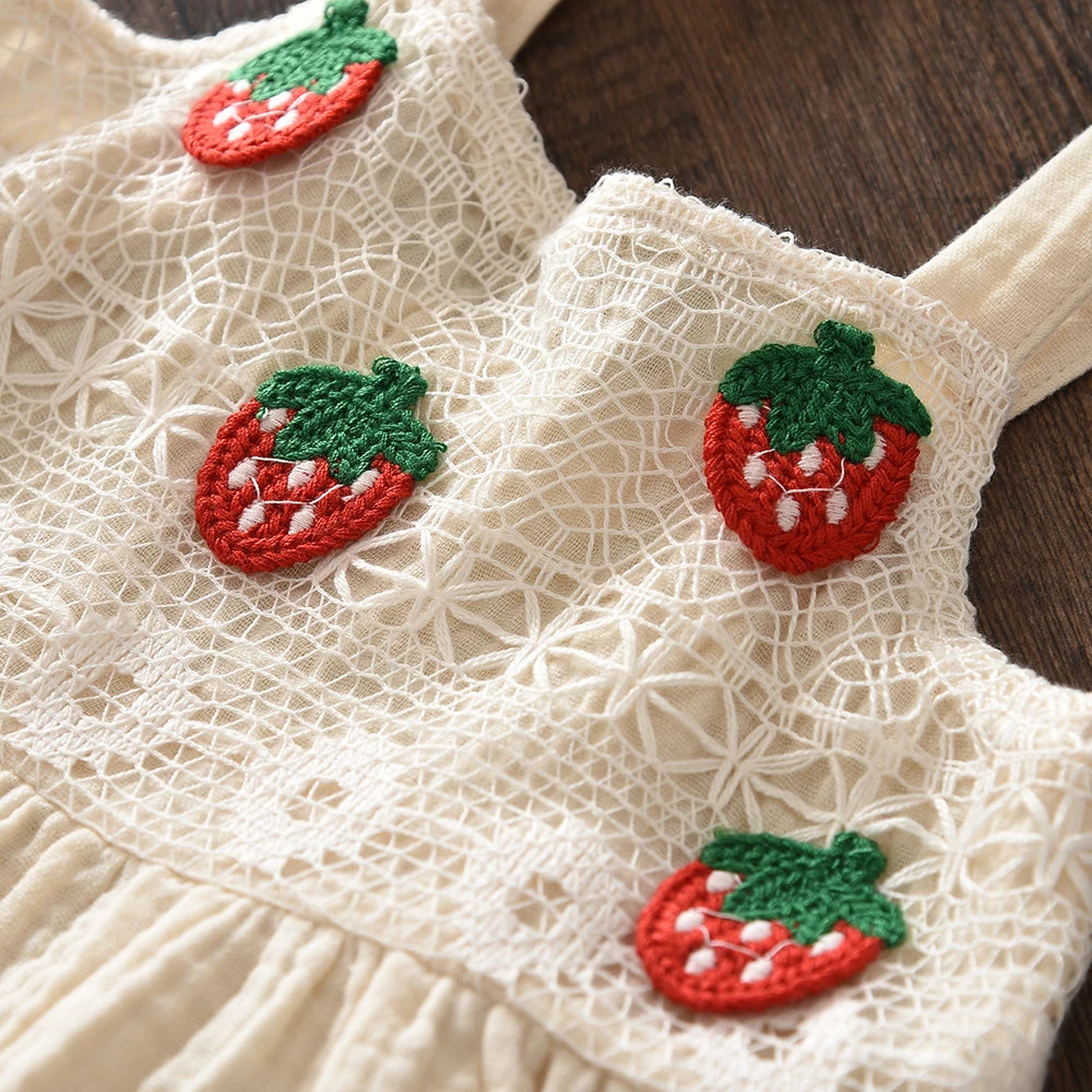 Girls 2-Piece Strawberry Cotton Muslin Set - Lace Camisole & Wide Leg Pants (3T-7)