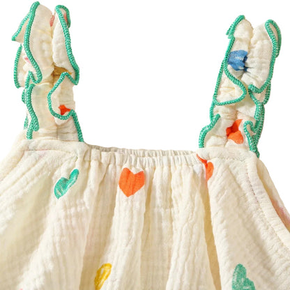 Baby Girl Muslin Cotton Heart Print Romper & Sun Hat Set - Ruffle Summer Bodysuit (3-18M)