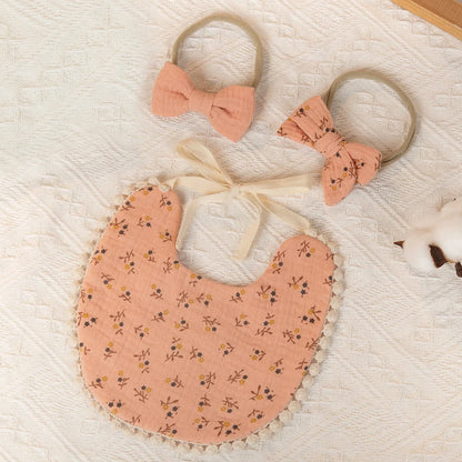 3pc Baby Girl Double-Gauze Muslin Bib & Headband Set - Soft Cotton Floral Saliva Towel & Bows