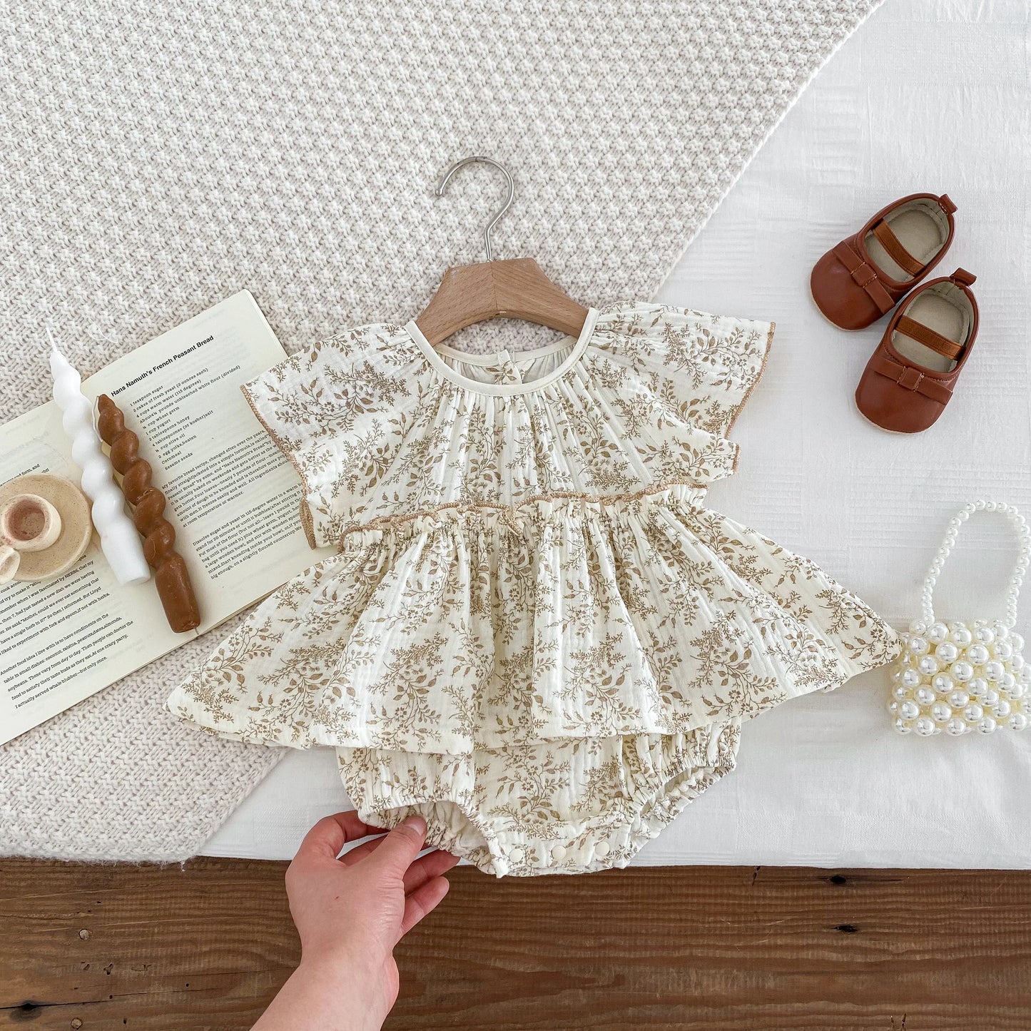 Vintage Sepia Floral Muslin Bubble Romper | Baby Girl Flutter Sleeve Top & Bloomers (3-24M)