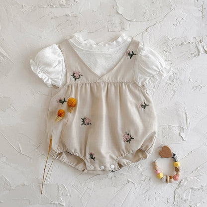 Baby Girl 2-Piece Embroidered Floral Romper Set - White Puff Sleeve Shirt & Camisole Overalls (0-24M)