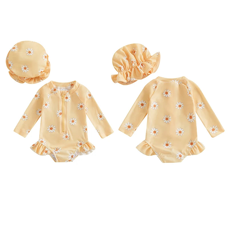 Baby Girl Daisy Floral Long Sleeve Rash Guard Swimsuit with Sun Hat – Toddler One-Piece Bathing Suit (6M-3T)