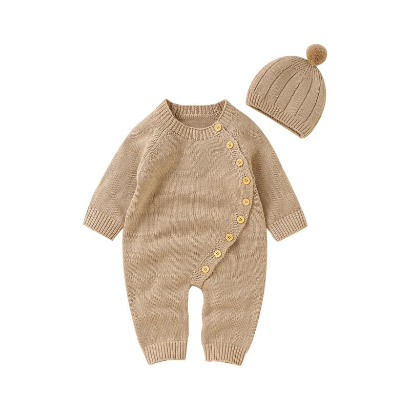 Knitted Baby Romper & Hat Set - Soft Side-Button Jumpsuit (0-18M)