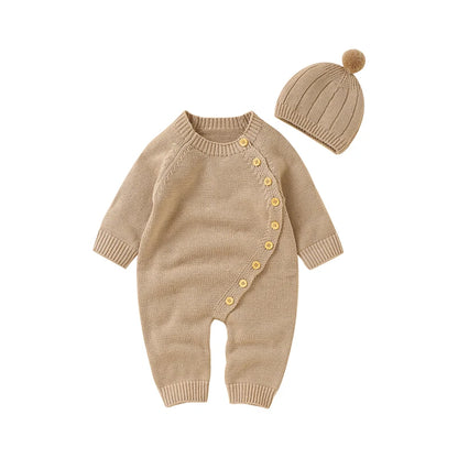 Knitted Baby Romper & Hat Set - Soft Side-Button Jumpsuit (0-18M)