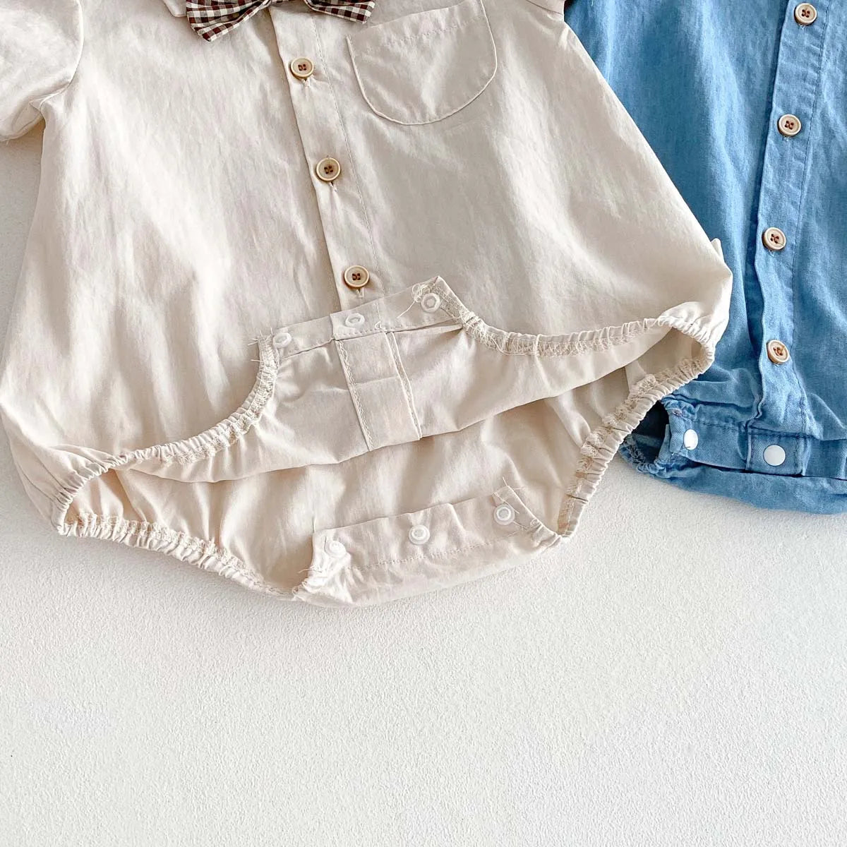 Baby Boy Korean Style Cotton Romper - Short Sleeve Lapel Shirt Jumpsuit with Bow Tie (0-24 Months)