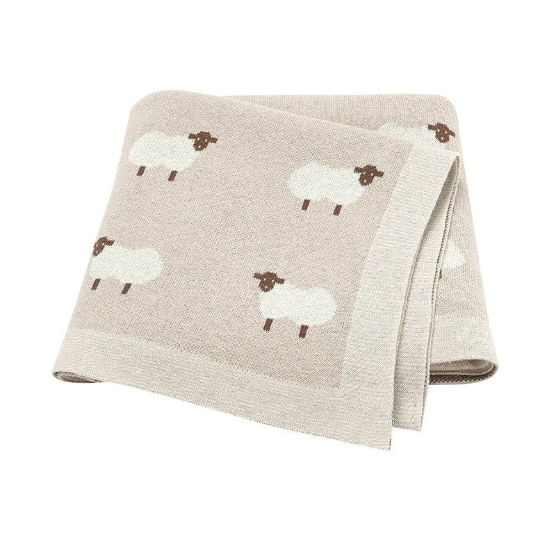 100% Cotton Knitted Baby Blanket – Soft Lamb & Sheep Pattern Newborn Swaddle, Breathable Stroller Wrap