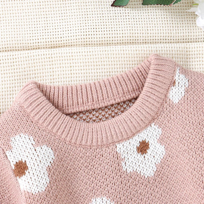 Infant & Toddler Girl Floral Knit Sweater Dress - Long Sleeve Pink Flower A-Line Skirt (6M-3T)