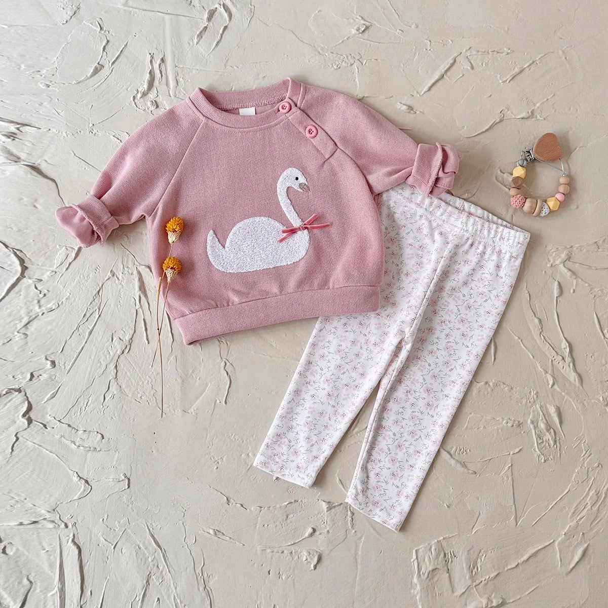 Baby Girl Swan Embroidery Pullover & Floral Print Leggings Outfit Set (6M-3T)