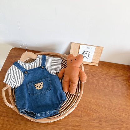 Unisex Baby Striped T-Shirt and Denim Bear Romper Set - 2pc Summer Toddler Outfit (3M-3T)