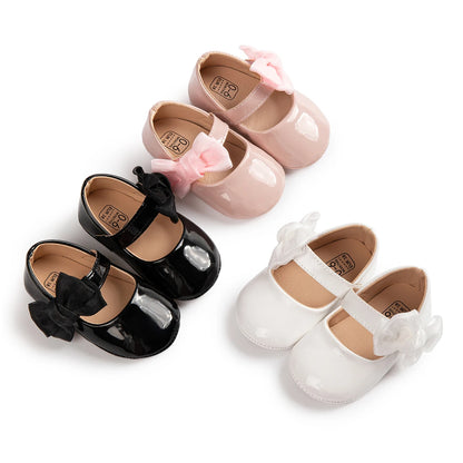 Baby Girl Mary Janes – PU Leather Bowknot First Walker Shoes, Non-Slip Rubber Sole Princess Wedding Flats (0-18M)