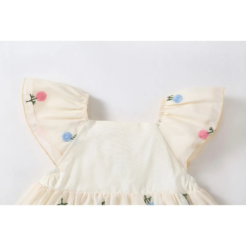 Baby Girl Floral Embroidered Cotton Romper Dress with Matching Headband | Flutter Sleeve Summer Toddler Outfit (3-24M)