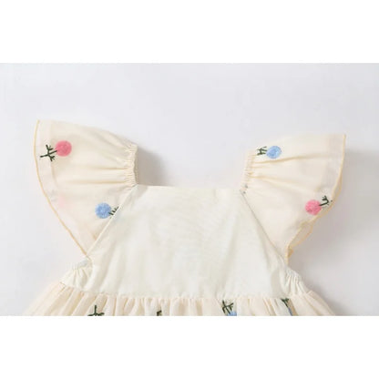 Baby Girl Floral Embroidered Cotton Romper Dress with Matching Headband | Flutter Sleeve Summer Toddler Outfit (3-24M)
