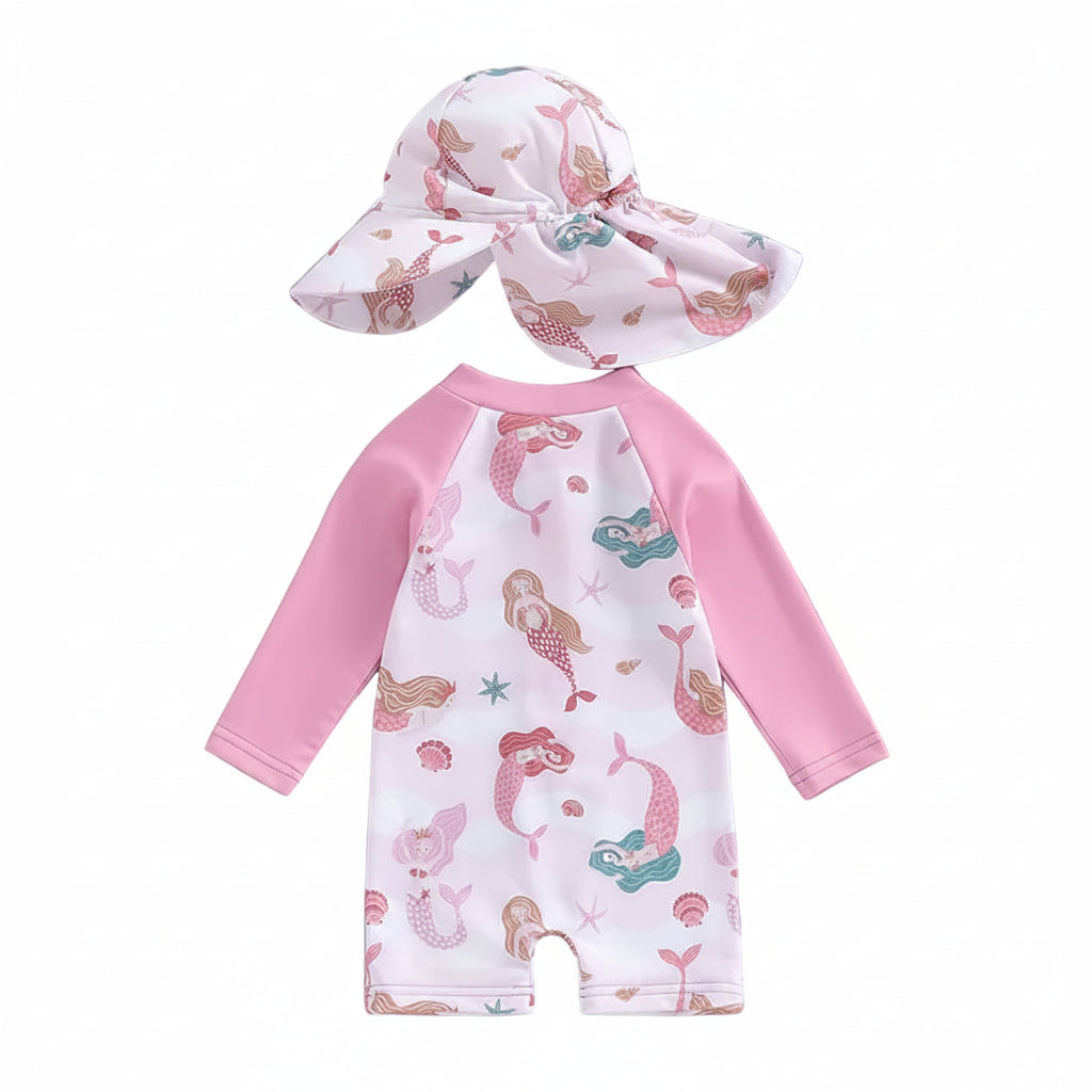 Mermaid Rash Guard & Sun Hat Set | Long Sleeve Swimsuit Pink (3M-3T)