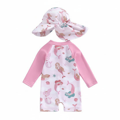 Mermaid Rash Guard & Sun Hat Set | Long Sleeve Swimsuit Pink (3M-3T)
