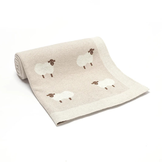 100% Cotton Knitted Baby Blanket – Soft Lamb & Sheep Pattern Newborn Swaddle, Breathable Stroller Wrap